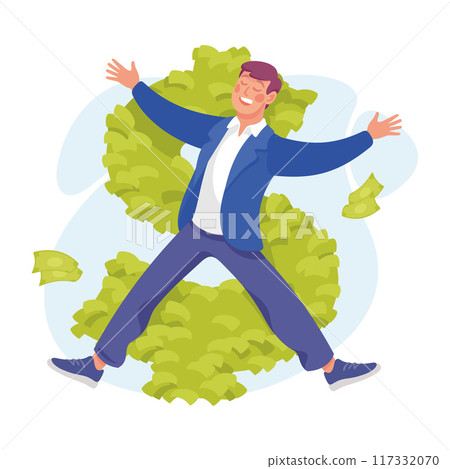Rich Man Character Roll In Green Money Banknotes Vector Illustration Rich Man Character Roll In Green Money Banknotes Vector Illustration 117332070