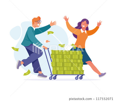 Rich Man and Woman Character Push Trolley with Green Money Banknotes Vector Illustration 117332071