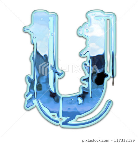 3D rendered illustration. Liquid metal under water surface. Individual design letter. Custom art font. 117332159