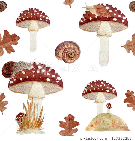 Fly agaric red wild mushroom and a snail textured watercolor seamless pattern isolated on white. This hand-painted design is perfect for fabric, wallpaper, stationery, showcasing a whimsical nature Fly agaric red wild mushroom and a snail textured watercolor seamless pattern isolated on white. This hand-painted design is perfect for fabric, wallpaper, stationery, showcasing a whimsical nature 117332295