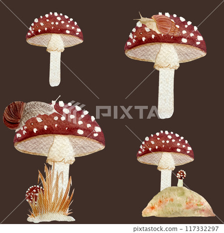 Fly agaric red wild mushroom and a snail textured watercolor seamless pattern on dark background. Stylized autumn forest hand drawn clip art for kids products, cards, packages, wrapping paper, textile Fly agaric red wild mushroom and a snail textured watercolor seamless pattern on dark background. Stylized autumn forest hand drawn clip art for kids products, cards, packages, wrapping paper, textile 117332297