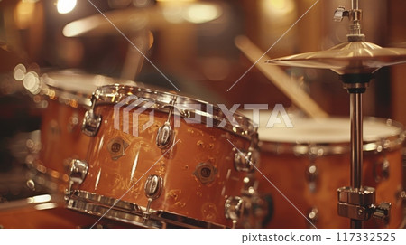 Jazz drums with drumsticks poised above the snare drum, percussion instruments in a cozy studio 117332525