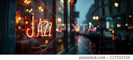 A neon Jazz sign brightens window of a cozy bar. Evening autumn outside. Copy space, wide banner 117332530