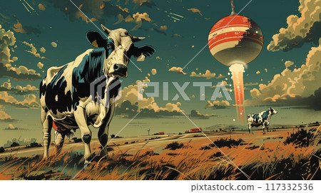 Aliens and cows in retro comic book style, vintage colors and textures, dynamic scenes, 1950s sci-fi 117332536