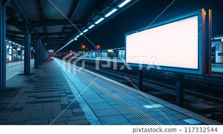 A blank advertising billboard stands at a train station, nighttime lighting. Empty commercial mockup 117332544