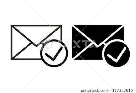 Mail icon. Envelope sign. Vector Illustration. Email icon. Letter icon. Email notification. Contact form. Sign of voting. Sign of choice. Checkbox. Checkmark OK. Symbols YES. Verified mail. 117332610