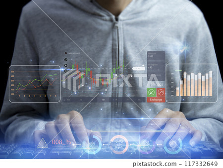 Planning and Strategy Stock Market Business Growth progress or success Businessman or trader hand touches showing virtual hologram stock invest in trading. 117332649