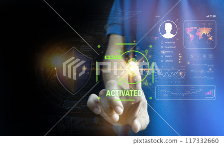 cybersecurity concept, user privacy security and encryption, secure internet access Future technology and cybernetics, screen padlock. 117332660