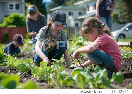 Families participating in gardening projects. 117332665