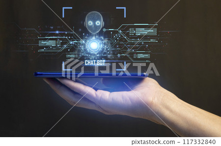 Ai tech, businessman show virtual graphic Global Internet connect  with AI, Artificial Intelligence. using command prompt for generates something, Futuristic technology transformation 117332840