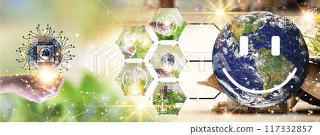 Concept of developing artificial intelligence to coexist with the environment. Turn to clean energy for a green world and green industry. Concept of developing artificial intelligence to coexist with the environment. Turn to clean energy for a green world and green industry. 117332857