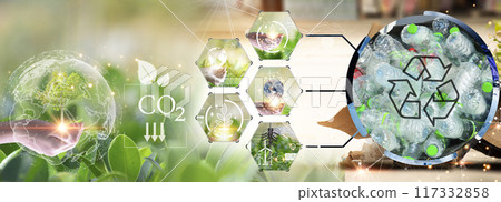 The concept of recycling, reuse, reuse helps reduce global warming. including using clean energy 117332858