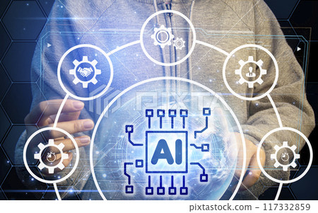 Ai tech, businessman show virtual graphic Global Internet connect  with AI, Artificial Intelligence. using command prompt for generates something, Futuristic technology transformation 117332859