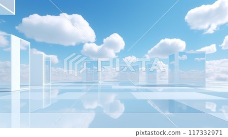 abstract background with flying cube and rectangle shapes in blue sky with clouds, generative AI abstract background with flying cube and rectangle shapes in blue sky with clouds, generative AI 117332971