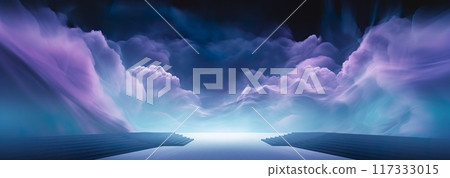 abstract background with stage, light and nature, in style of purple and blue clouds, generative AI 117333015