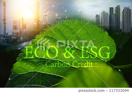 Ideas for reducing CO2 emissions, turning to clean energy for a green world and green industry. Carbon Footprint,ECO,ESG 117333094