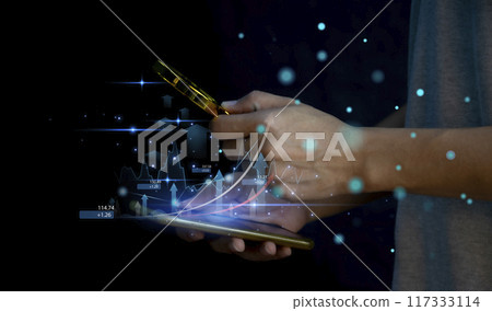 Planning and Strategy Stock Market Business Growth progress or success Businessman or trader hand touches showing virtual hologram stock invest in trading. Planning and Strategy Stock Market Business Growth progress or success Businessman or trader hand touches showing virtual hologram stock invest in trading. 117333114