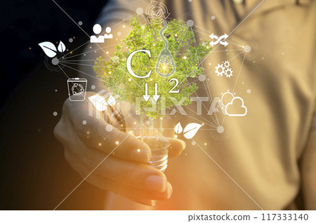 Ideas for reducing carbon dioxide emissions Turn to clean energy for a green world and green industry. Carbon Footprint, ECO, ESG, CRS,4R 117333140