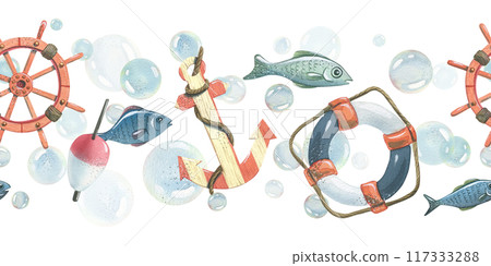 Anchor, ship's wheel, lifebuoy, fishing float with fish and bubbles. Watercolor hand-drawn illustration. Seamless border, pattern, endlessly repeating ornament, on a white background. 117333288