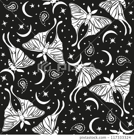 Monochrome seamless pattern with celestial luna moth and paisley motif 117333324