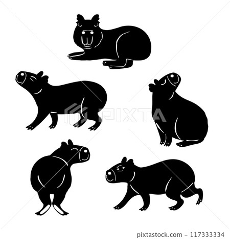 Funny cartoon Capybaras silhouettes set isolated on white Funny cartoon Capybaras silhouettes set isolated on white 117333334