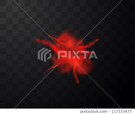 Red paint powder explosion or dust burst with smoke realistic vector illustration, splash of flour or sand, ink blow 117333477
