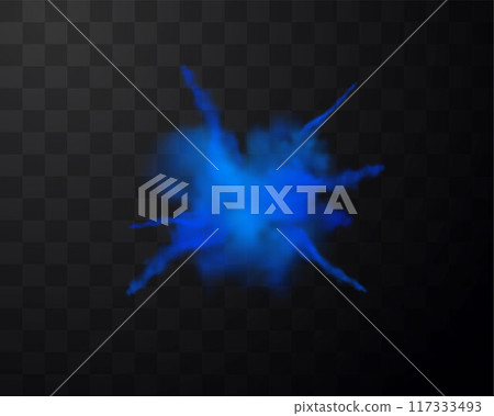 Blue powder explosion or paint dust burst with smoke realistic vector illustration, splash of flour sand with particles Blue powder explosion or paint dust burst with smoke realistic vector illustration, splash of flour sand with particles 117333493