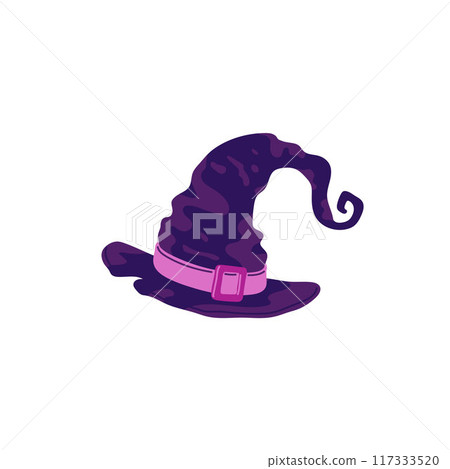 Purple old magic witch hat vector icon, Wicca symbol, retro wizard cone hat with buckle, Halloween decorations costume Purple old magic witch hat vector icon, Wicca symbol, retro wizard cone hat with buckle, Halloween decorations costume 117333520