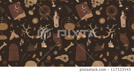 Wicca pagan faith symbols, occult esoteric items vector seamless pattern, vintage Wiccan witchcraft and alchemical theme Wicca pagan faith symbols, occult esoteric items vector seamless pattern, vintage Wiccan witchcraft and alchemical theme 117333543