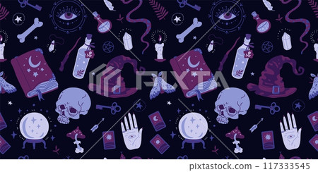 Wicca symbols, esoteric and occult signs vector seamless pattern, skull bones, magic book, witchcraft, wizard alchemical Wicca symbols, esoteric and occult signs vector seamless pattern, skull bones, magic book, witchcraft, wizard alchemical 117333545