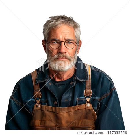 Portrait of a man of European appearance isolated on a white or transparent background. Front view of a mechanic in dirty work clothes. Car repair and maintenance concept. 117333558