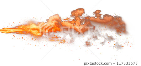 Close-up of a muzzle flash, side view, isolated on a white or transparent background. Fire from a gunshot. Bullet firing flame overlay, design element. Close-up of a muzzle flash, side view, isolated on a white or transparent background. Fire from a gunshot. Bullet firing flame overlay, design element. 117333573