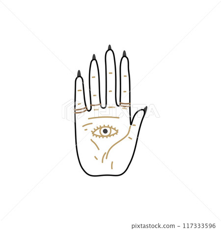 Palmistry hand vector line art, vintage hand drawn psychic palm with magic eye and chiromancy signs, fortune telling 117333596