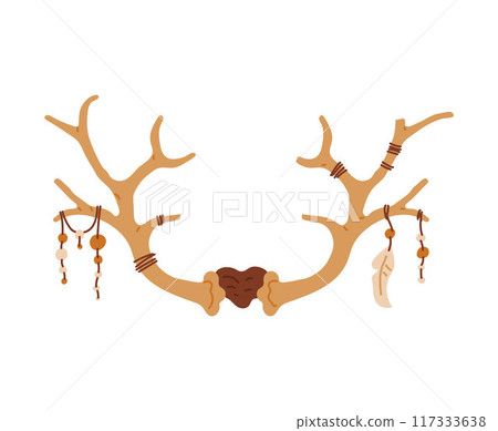 Vector illustration of a amulet depicting deer antlers decorated with feathers, beads and rope on a white background Vector illustration of a amulet depicting deer antlers decorated with feathers, beads and rope on a white background 117333638