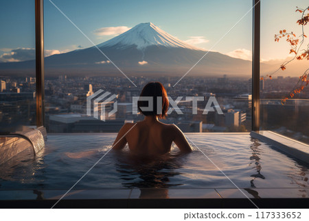 young beautiful woman in hot jakuzzi bath with water on winter mountain background, Fuji peak 117333652