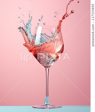 red luxury wine in glass splashing, in style of pastel pink and blue, stylish banner 117333695