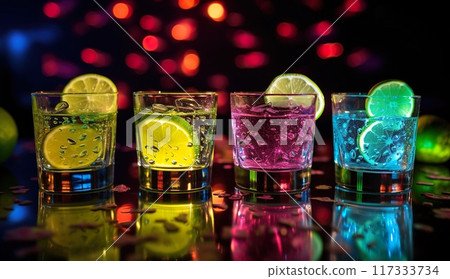 set of colorful alcohol drinks in glasses at bar counter in night club set of colorful alcohol drinks in glasses at bar counter in night club 117333734