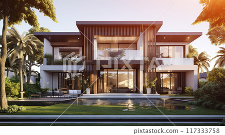 modern house or villa with garden, contemporary architecture, generative AI 117333758