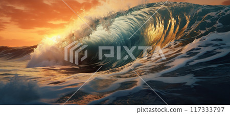 big wave of water during storm in open sea or ocean at sunset, nature background, generative AI 117333797
