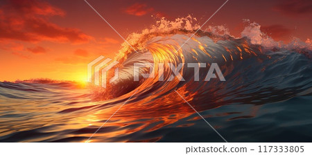 big wave of water during storm in open sea or ocean at sunset, nature background, generative AI 117333805