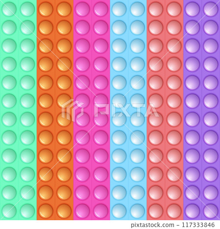 Seamless pattern with trendy game pop it, simple dimple. Rainbow fidget toy. Colorful antistress background. Doodle style. Bubbles popping square shape Seamless pattern with trendy game pop it, simple dimple. Rainbow fidget toy. Colorful antistress background. Doodle style. Bubbles popping square shape 117333846