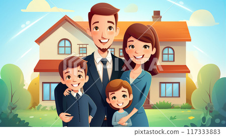 happy family with kids by new house smiling and hugging, buy new home or apartment concept happy family with kids by new house smiling and hugging, buy new home or apartment concept 117333883