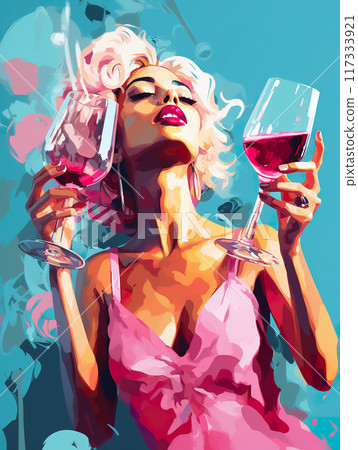 stylish illustration of beautiful female with wine glass in hand, in style of retro and vintage 117333921