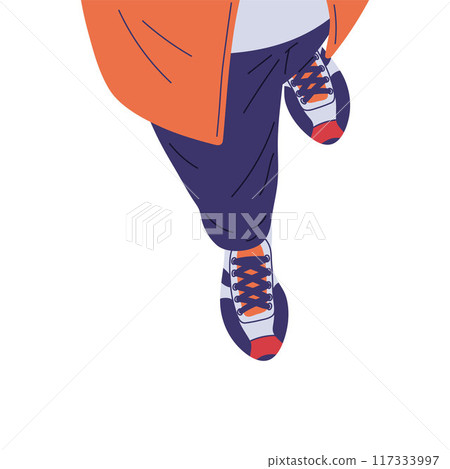 Flat cartoon illustration of human legs wearing sneakers and an orange jacket. 117333997
