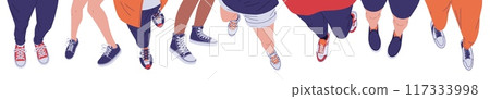 Feet of person in casual clothes and sneakers view from above cartoon vector set, selfie of teenager walking, legs step 117333998