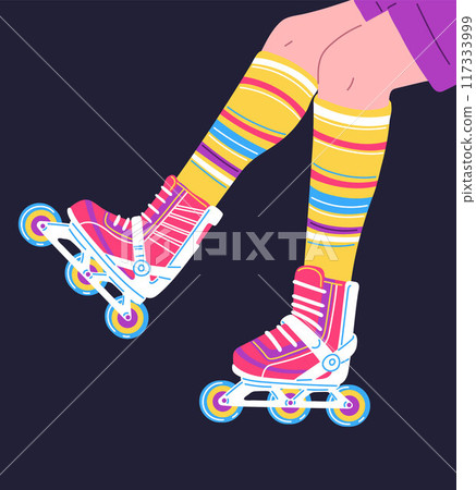 Vector art of female legs in pink roller skates and knee socks. 117333999