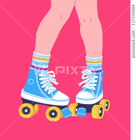 Teenager roller skating, vector girl skater on rollerblades on pink, legs on blue retro roller skates sneakers design 117334004