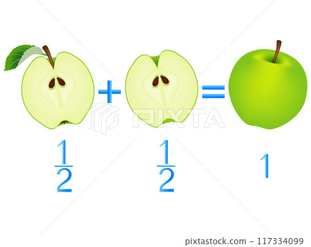 Action relationship of addition halves, examples with apples. Educational game for children. Action relationship of addition halves, examples with apples. Educational game for children. 117334099
