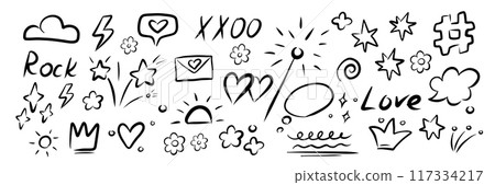 Doodle element set. Hand drawn brush stroke, highlight, speech bubble, underline, sparkle element. 117334217