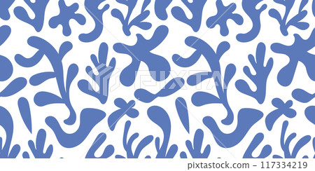 Seamless pattern with bizarre abstract geometric blue shapes. 117334219